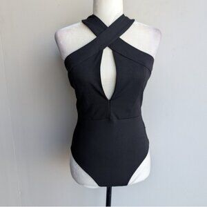 NWT Tobi Black Criss Cross Halter Bodysuit With Front Cut Out